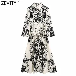 Zevity Women Vintage Black Totem Print Bow Sashes Shirt Dress Female Chic Three Quarter Sleeve Casual Slim Midi Vestidos DS8640 220613