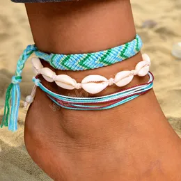 Bohemian Waterproof Wax Rope Anklets Set for Women Girls Colorful Woven Beach Shell Charm Leg Bracelet Foot Jewelry