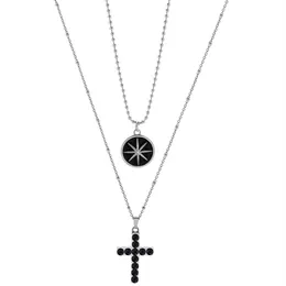 Original Design American Street Black Zircon Cross Man Star Round Necklace Hip-Hop Double-Layer Suit Fashion Stacking Accessorie