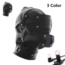 Leather Exotic Bondage Hood Set With Strap On Dildo Gag And Removable Muzzle Blindfold For sexy Bdsm Slave Role Play Adults Games