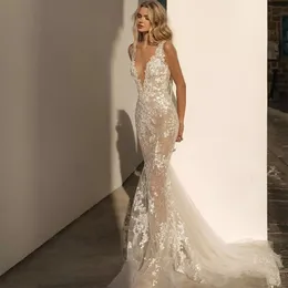 Elegante abito da sposa a sirena senza maniche con scollo a V profondo senza spalline Appliques Paillettes Pizzo Lunghezza del pavimento Abiti Beidal Custom Made Ruffles Lunghezza del pavimento da sposa