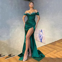 New Green Evening Dresses Off-shoulder Satin Side Split Mermaid Party Dress Long Beaded Formal Banquet Prom Gown