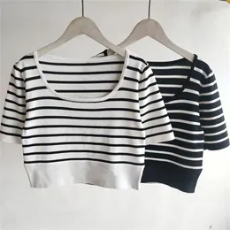 Women'S Knits Crop Top Fashion Letter Stripe Black White Shirt Summer Tees Blouse Short Sleeve Round Neck Breathable T-Shirt Leisure