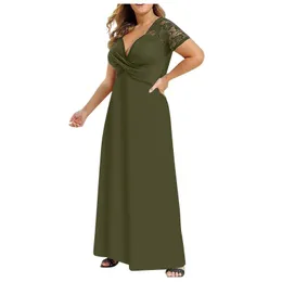 Sukienki w rozmiarze plus size kobiety letnia moda damska jednolita koronka z krótkim rękawem do kostek dekolt w serek Party Dress Vestidos Mujer