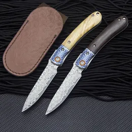 Высококачественный R7802 Damascus Pocket Paller Нож VG10 Damascuss Steel Blade Livewood / Ebony с стальной ручкой для головки EDC Folding Knives Кожаная оболочка