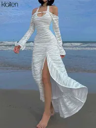 Klalien mode elegant fransk romantisk solid vita maxi klänningar kvinnor strand semester stil sexig av axel halter klänningar y220401