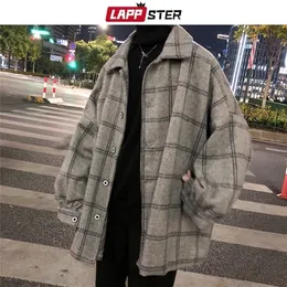 Lappster Men Korean Style Plaid Overcoat wełna męska streetwear wiatrówek harajuku mody ponadwymiarowe kurtki płaszcze 201222