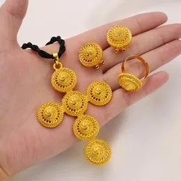 Kolczyki Zestaw biżuterii Naszyjnik 24K Etiopski Złoty Krzyż wisiorek dla kobiet Dubaj African Wedding Party Bridal Gifts Setearring Ucha