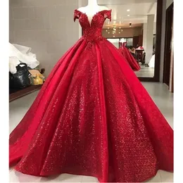 Glitter Red Prom Dresses Ball Suknia V Neck Elegancka Sparkly Luksusowa Suknia Vestidos Dreast