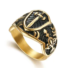 Uniqu Design Rostfritt stål Gyllene Antika Mäns Ring Honor Soldater Knights Templar Regalia Sword Shield Korsa Ringen Kniv Punk Ring Smycken