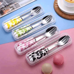 Spoon And Fork Set Kitchen Chopsticks Flatware Stainless Steel Cutlery Set Soup Spoon Cute Ceramic Dinner Travel Utensil Kids Y220530