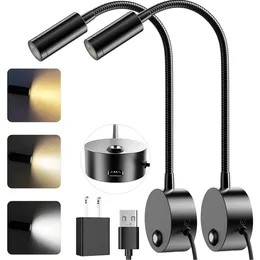 Topoch 벽 마운트 LED 읽기 조명 램프 11 인치 구즈넥 (USB 포트 플러그 헤드 보드) 밤 3 방출 색상 및 밝기 변경 가능한 터치/끄기/디머