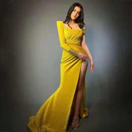 High Side Split Prom Dress One Shoulder Mermaid Evening Gowns Ruched Sweep Train vestido de Gala 326 326
