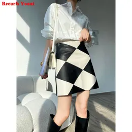 Skirts Winter 2022 Women Casual Romantic Bright Black And White Diamond Check Short Skirt Female A-line Real Leather Mini SaiaSkirts