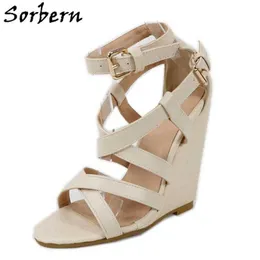 Sorbern Creme Elfenbein Sandalen Frauen Keile High Heels Riemen gekreuzt Sommerschuhe angepasst Unisex Schuh große Größe 15 Fetisch Heels