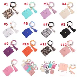 Fashion PU Leather Bracelet Wallet Keychain Party Favor Tassels Bangle Key Ring Holder Card Bag Silicone Beaded Wristlet Keychains