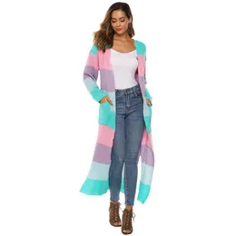 Women's Knits & Tees Autumn Winter Women Cardigans Mixed Color Patchwork Stripe Split Large Pocket Long Knitted Cardigan Thickened CoatWomen