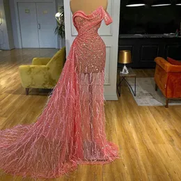 Pink Mermaid Prom Dresses Sexy V Neck Sleeveless Off Shoulder Strapless Appliqued Beads Sequins Feather Lace Ruffles Plus Size Luxury Formal Party Gowns Custom Made