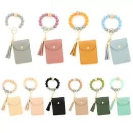 2022 New silicone bead bracelet party favor solid color card bag Key Chain Wallet Leather tassel multi card slot change bag leather card cover