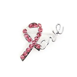 10 Pcs/Lot Custom Pink Crystal Rhinestone Brooches Ribbon Shape Love Breast Cancer Awareness Medical Pins