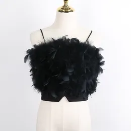 Mode Kvinnor Sexiga Furry Toppar Camis Casual Tank Vest Ärmlös Med Real Ostrich Feather T02 220318