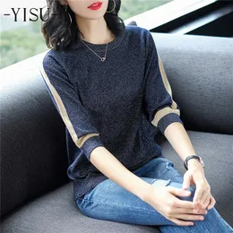 Yisu suéter fino feminino pullover curto pullover mulheres moda blusas de seda brilhante mulheres malha de malha suéteres tops femme lj200815