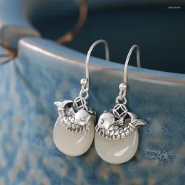 Dangle & Chandelier Natural Hetian White Jade Koi Earrings Chinese Style Retro Unique Exquisite Pattern Craftsmanship Charm Women's Silver J