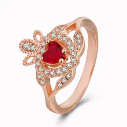 cuore anelli oro rosa zirconio principessa granato cuore rosso anello di cristallo femminile regalo del partito intarsiato zircone corona anello