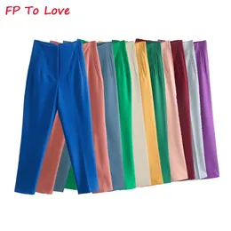 Calça de lápis de mulher elegante calça de cintura alta casual da cintura Terno de primavera verão longa brilhante azul verde bege fp para amar 220726