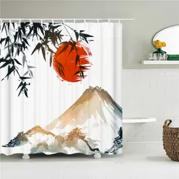 Japansk-stil 3D-Mount Fuji och blommuttryckduschdraperi med krok Naturligt landskap Hemdekoration Badrumsgardiner 220517