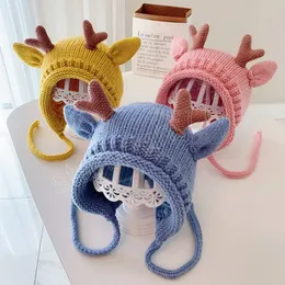 Chapéu quente de inverno para bebês, alces fofos de alces crianças de proteção ouvido tampa de proteção de orelha de cor sólida de malha de tricô infantil chapéus de gorro infantil