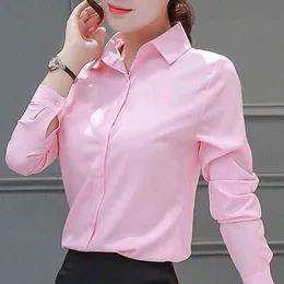 가을 여성 버튼 업 셔츠 코튼 탑과 블라우스 캐주얼 긴팔 숙녀 셔츠 핑크/화이트 Blusas Blusa Feminina Tops