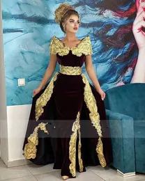 Elegant Off Shoulder Veet Moroccan Kaftan Formal Evening Dresses Gold Lace Embroidery Muslim Party Dubai Dress Side Split