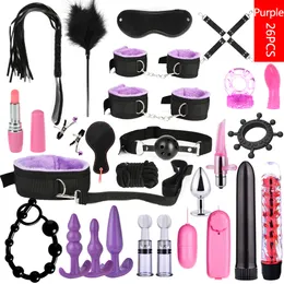 26PCS Bondage Set giocattoli sexy per adulti Donna Uomo Porno Manette Morsetti per capezzoli Frusta Bocca Bavaglio Corda Dildo Vibratore Articoli di bellezza erotici