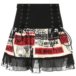 Skirts Punk Haruku Low Waist Rock Skirt Lace Up Front Women Sexy Black Print Patchwork Chiffon Mini Clubwear Sp1821skirts