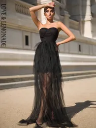 Lovelemonade Sexy Black Tube Top prickar lager Ruffles A-Line Party Maxi Dress LM82387 220507