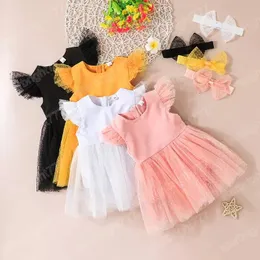 Ins Baby Girls Tutu Summer Dress Bow Headband 2 Pieces Barn Fairy Tulle Short Sleeve Gaze Dot Print Kjol Party Elegant Agaric Lace Kläder