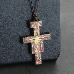 Hänghalsband trä ortodoxa San Damiano Crucifix halsband läder repkedja kors för män kvinnor kyrkans bön smycken gåvapendant