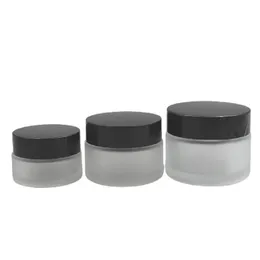Paketleme Boş temiz buzlu cam göz kremi şişe siyah plastik vidalı pp disk astar kozmetik ambalaj cilt bakımı krem ​​kabı konteyner 20g 30g 50g doldurulabilir kavanozlar