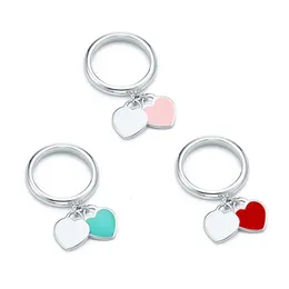 Klassisk original Silver Double Heart Ring Pink Blue Red Color Letter Rings Couples smycken Fashion Hjärtformad ring