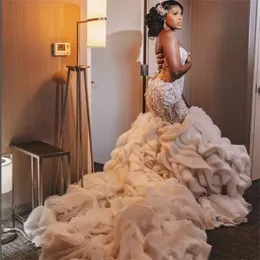 Sexy Sweetheart Mermaid Wedding Dresses Lace Up Backless Tulle Lace Strapless Ruffles Long Train Custom Made Plus Size Country Bridal Gown