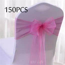 Bröllopsdekoration 150 st/set Crystal Organza Tull Fabric Stol Cover Sash Bow Sashes Party Bankettdekor 20 färger T200601