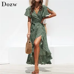 Summer Beach Maxi Dress Women Stampa floreale Boho Long Chiffon Ruffles Wrap Casual scollo a V Split Sexy Party Robe 220418