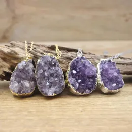 Anhänger Halsketten Große Rohe Amethyste Geode Anhänger Halskette Heilquarz Lila Druzy Drusy Platte Charms Frauen Modeschmuck Dropship Q