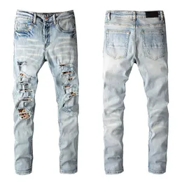 Jeans for Guys Man Denim Knee Ripped with Holes Skinny Fits Slim Mens Biker Moto Straight Leg Spray On Vintage Distress Leopard Patches Stretch Pants Long Zipper Blue