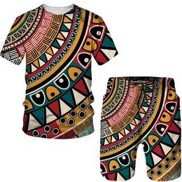 アフリカンプリントの女性S T Tシャツセットファッションビンテージスタイルトラックスーツトップショーツスポーツとレジャーサマースーツ220616