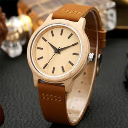 Wristwatches Natural Maple Wood Lady Quartz Genuine Leather Wristwatch Black Analog Dial Female Wooden Timepiece Casual Women's WatchesW