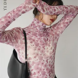 Yedinas Floral Mesh Top Thirt Długie rękawie Kobiety Turtleeck See Throught Y2K moda wiosenna jesienna koszulki 220516