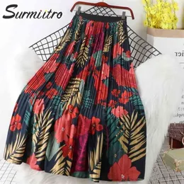 Surmiitro Floral Print Chiffon Maxi kjol Kvinnor med hög midja vårens sommar damer röd svart lång veckad kjol kvinnlig 210331