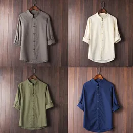 Мужские повседневные рубашки льняные классические китайские мужские топы в стиле рукава стиль рукава 3/4 блузка танга